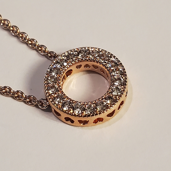 Authentic NEW Pandora Logo Pavé Circle Collier Necklace 14K RGP CZ - Picture 11 of 11